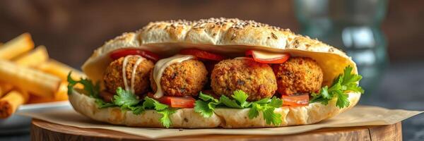 Delicious falafel sandwich served with fresh vegetables and crispy fries on a rustic table photo