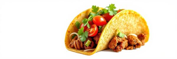 Delicious tacos filled with seasoned meat, fresh tomatoes, and cilantro on a white background photo