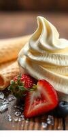 Creamy soft serve ice cream topped with fresh strawberries and blueberries on a wooden table photo