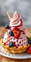 Delicious soft-serve ice cream topped with fresh strawberries and blueberries in a waffle cone photo
