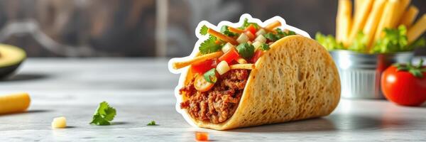 Delicious beef taco with fresh toppings served on a marble countertop next to crispy fries and mini tomatoes photo