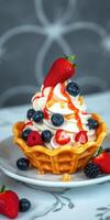 Delicious dessert featuring soft serve ice cream topped with fresh fruits and strawberry sauce in a waffle bowl photo