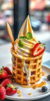 Delicious waffle dessert topped with soft serve ice cream and fresh berries photo
