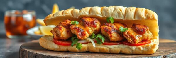 Delicious sandwich filled with grilled chicken, fresh vegetables, and a refreshing drink on a wooden platter photo