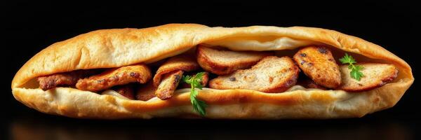 Delicious sandwich filled with crispy bites of bread and herbs served on a dark background photo