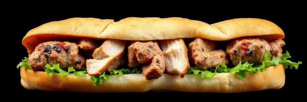 Delicious sandwich filled with grilled chicken and fresh lettuce on a toasted bun photo