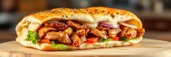 Delicious grilled chicken wrap with fresh vegetables served on a wooden board photo