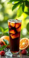 Refreshing iced beverage with citrus fruits and berries in a vibrant garden setting photo