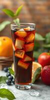 Refreshing fruit drink with colorful ice cubes and fresh fruits in a cozy setting photo