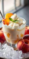 Delicious peach parfait served in a glass with fresh fruit and whipped cream on a sunny afternoon photo