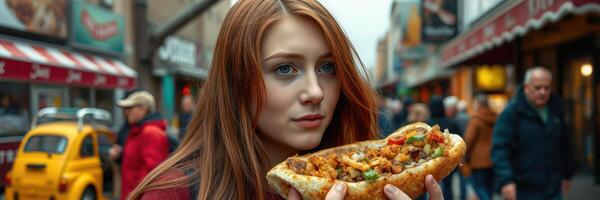 Red-haired woman enjoys a street food delicacy in a busy city market during autumn photo