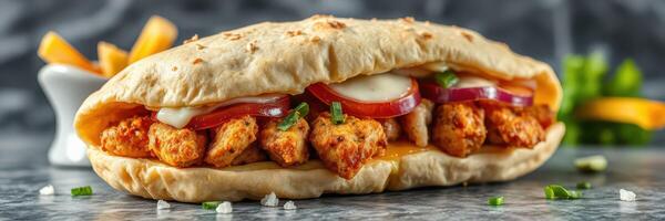 Delicious chicken sandwich with fresh toppings and crispy fries served on a marble table photo