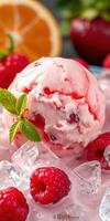 Creamy raspberry ice cream served with fresh fruit and ice crystals in a vibrant dessert presentation photo