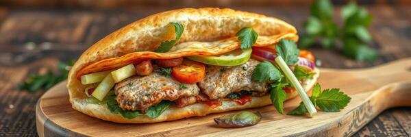 Delicious sandwich featuring grilled meat, fresh vegetables, and herbs served on a wooden board photo