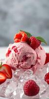 Delicious raspberry ice cream served on crushed ice with fresh fruit and mint for a refreshing dessert experience photo