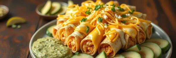Delicious platter of rolled tortillas filled with chicken and cheese served with salsa and cucumber slices photo