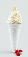 Creamy soft serve ice cream in a white cone with fresh strawberries on the side, perfect summer treat photo