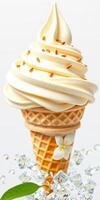 Creamy vanilla soft serve ice cream served in a waffle cone with delicate toppings photo