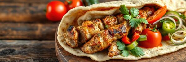 Savory grilled chicken wrap filled with fresh vegetables and herbs served on a wooden table photo