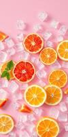 Fresh citrus slices and ice cubes arranged on a pink background for vibrant summer vibes photo