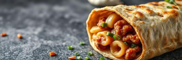 Unique wrap filled with seasoned meat and pasta on dark stone background photo