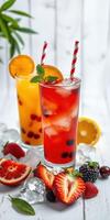 Refreshing fruit cocktails featuring vibrant colors and garnishes on a bright wooden background photo