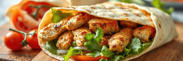 Grilled chicken wrap with fresh vegetables and herbs ready to be enjoyed at a cozy dining setting photo