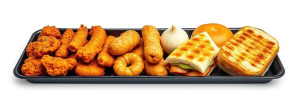 Variety of fried and grilled food items on a black serving tray at a casual dining establishment photo
