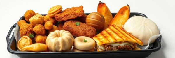 Delicious assortment of fried and baked snacks arranged on a black tray photo