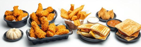 Delicious assortment of fried chicken, sides, and snacks arranged on a white background photo