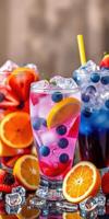 Colorful summer drinks display featuring fresh fruits and ice in a vibrant setting photo