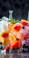 Refreshing summer cocktails with vibrant fruits and ice served on a stylish table photo