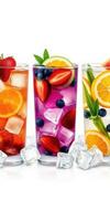Refreshing summer drinks featuring fruits with ice cubes on a bright background photo