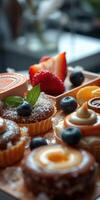 Desserts presented on a wooden platter with fruits and decorative elements during a casual gathering in the afternoon photo