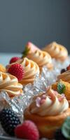 Deliciously crafted pastries adorned with fresh berries and vibrant decorations served on ice photo