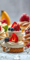 Delicious dessert selection featuring fruit-topped pastries and cream arrangements at a cozy bakery photo