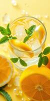 Refreshing citrus drink served in a glass with mint leaves and ice on a vibrant yellow background photo