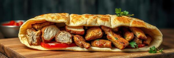 Delicious grilled chicken wrapped in warm flatbread served with fresh herbs and tomatoes on a wooden board photo