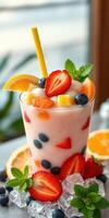 Refreshing fruit smoothie with strawberry, orange, and blueberry served in a clear glass at a sunny cafe setting photo