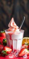 Delicious strawberry swirl soft serve dessert served in a clear cup garnished with fresh strawberries and lemon slices photo