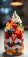 Colorful fruit parfait with creamy topping and fresh berries served in a glass cup photo