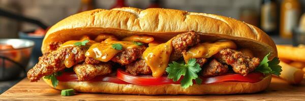 Savory sandwich filled with crispy chicken, melted cheese, and fresh vegetables at a cozy eatery photo