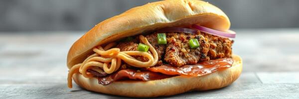 Juicy fried chicken sandwich layered with savory noodles and toppings served on a fresh bun photo