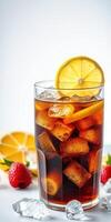 Refreshing iced tea with lemon and strawberries garnished for a summer vibe at a bright, clean kitchen counter photo