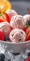 Delicious strawberry ice cream served with fresh berries in a stylish bowl on a bright table photo