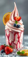 Indulgent dessert with vibrant swirl of soft serve, fresh fruits, and colorful toppings in a clear cup photo