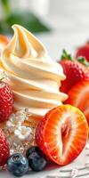 Delicious creamy soft serve ice cream topped with fresh strawberries and blueberries on a vibrant plate photo