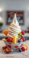 Delightful soft serve dessert topped with fresh fruits served in a charming bowl photo