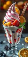 Delicious frozen dessert topped with fresh fruits served in an elegant glass bowl photo