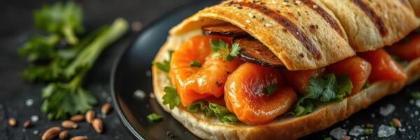 Deliciously crafted sandwich featuring fresh shrimp and garnishes on a dark plate photo